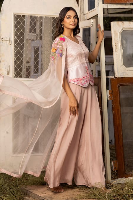 ISLIE BY PRIYA JAIN Floral Bouquet Embroidered Cape Palazzo Set 