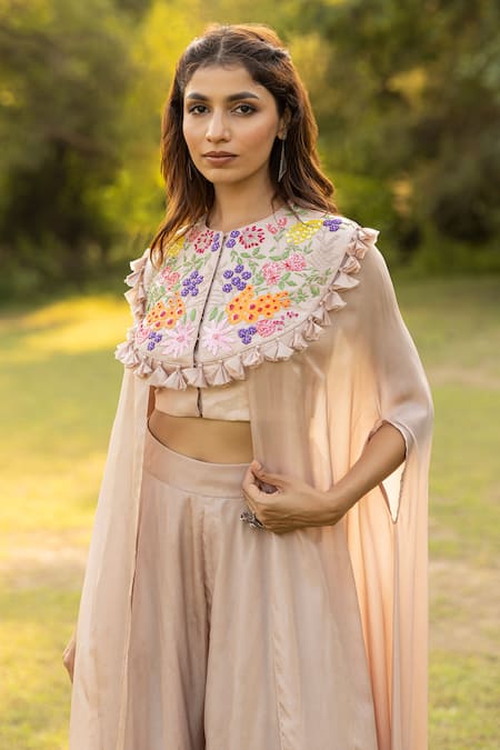Buy Islie By Priya Jain Beige Silk Sequins Floral Garden Embroidered Cape With Palazzo Online at Aza Fashions Buy_Islie By Priya Jain_Beige Silk Sequins Floral Garden Embroidered Cape With Palazzo _Online_at_Aza_Fashions