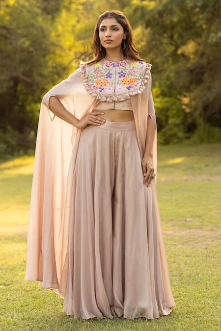 Shop Islie By Priya Jain Beige Silk Sequins Floral Garden Embroidered Cape With Palazzo at Aza Fashions Shop_Islie By Priya Jain_Beige Silk Sequins Floral Garden Embroidered Cape With Palazzo _at_Aza_Fashions