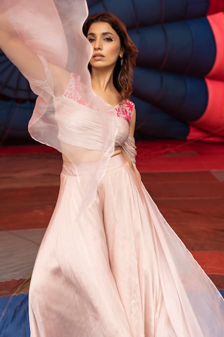 Buy Islie By Priya Jain Beige Kota Doria, Silk Floral Embroidered Cape Sleeve Blouse With Palazzo Online at Aza Fashions Buy_Islie By Priya Jain_Beige Kota Doria, Silk Floral Embroidered Cape Sleeve Blouse With Palazzo _Online_at_Aza_Fashions