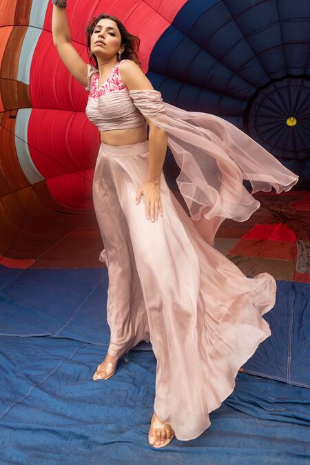 Shop Islie By Priya Jain Beige Kota Doria, Silk Floral Embroidered Cape Sleeve Blouse With Palazzo at Aza Fashions Shop_Islie By Priya Jain_Beige Kota Doria, Silk Floral Embroidered Cape Sleeve Blouse With Palazzo _at_Aza_Fashions