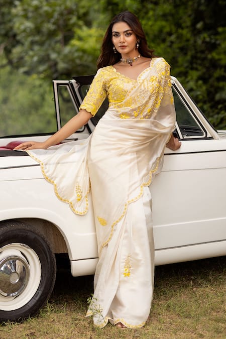 Shop Islie By Priya Jain Yellow Kota Doria, Silk, Floral Vine Embroidered Scalloped Saree With Blouse at Aza Fashions Shop_Islie By Priya Jain_Yellow Kota Doria, Silk, Floral Vine Embroidered Scalloped Saree With Blouse _at_Aza_Fashions