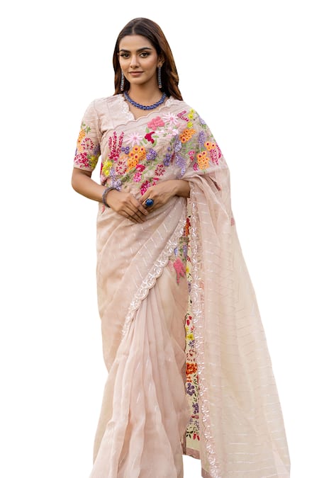 Islie By Priya Jain Pink Organza Sequins, Beads Scoop Floral Bouquet Embroidered Saree With Blouse Online at Aza Fashions Islie By Priya Jain_Pink Organza Sequins, Beads Scoop Floral Bouquet Embroidered Saree With Blouse _Online_at_Aza_Fashions