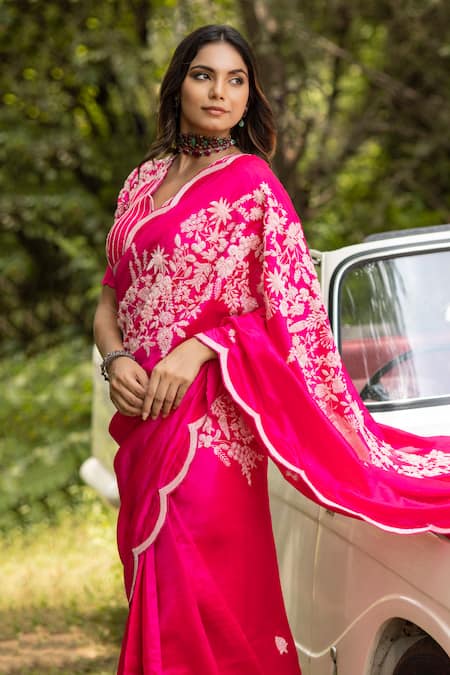 Islie By Priya Jain Pink Silk, Organza Sequins, Beads Floral Cluster Embroidered Saree With Blouse Online at Aza Fashions Islie By Priya Jain_Pink Silk, Organza Sequins, Beads Floral Cluster Embroidered Saree With Blouse _Online_at_Aza_Fashions