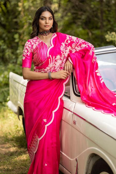 Buy Islie By Priya Jain Pink Silk, Organza Sequins, Beads Floral Cluster Embroidered Saree With Blouse Online at Aza Fashions Buy_Islie By Priya Jain_Pink Silk, Organza Sequins, Beads Floral Cluster Embroidered Saree With Blouse _Online_at_Aza_Fashions