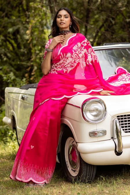 Shop Islie By Priya Jain Pink Silk, Organza Sequins, Beads Floral Cluster Embroidered Saree With Blouse at Aza Fashions Shop_Islie By Priya Jain_Pink Silk, Organza Sequins, Beads Floral Cluster Embroidered Saree With Blouse _at_Aza_Fashions