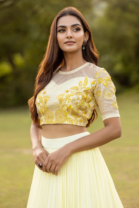 Buy Islie By Priya Jain Yellow Organza, Georgette Sequins, Ombre Pleated Lehenga With Floral Blouse Online at Aza Fashions Buy_Islie By Priya Jain_Yellow Organza, Georgette Sequins, Ombre Pleated Lehenga With Floral Blouse _Online_at_Aza_Fashions
