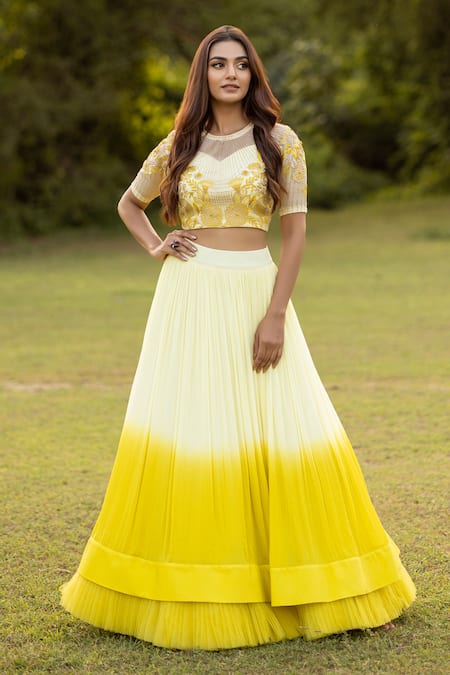 ISLIE BY PRIYA JAIN Ombre Pleated Lehenga With Embroidered Floral Blouse 