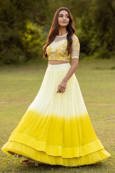 Shop Islie By Priya Jain Yellow Organza, Georgette Sequins, Ombre Pleated Lehenga With Floral Blouse at Aza Fashions Shop_Islie By Priya Jain_Yellow Organza, Georgette Sequins, Ombre Pleated Lehenga With Floral Blouse _at_Aza_Fashions