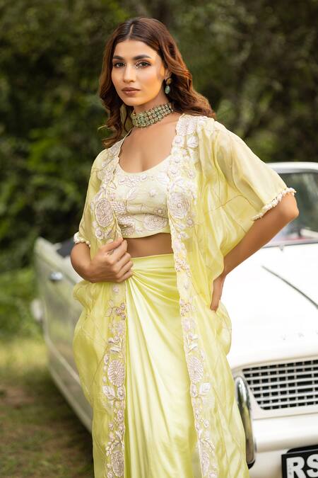 Islie By Priya Jain Green Kota Doria, Silk, Crepe Floral Embroidered Scalloped Cape Draped Skirt Set Online at Aza Fashions Islie By Priya Jain_Green Kota Doria, Silk, Crepe Floral Embroidered Scalloped Cape Draped Skirt Set _Online_at_Aza_Fashions