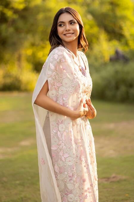 Islie By Priya Jain Beige Tissue, Kota Doria Beads, Sequins Embellished Floral Cape Draped Skirt Set Online at Aza Fashions Islie By Priya Jain_Beige Tissue, Kota Doria Beads, Sequins Embellished Floral Cape Draped Skirt Set _Online_at_Aza_Fashions
