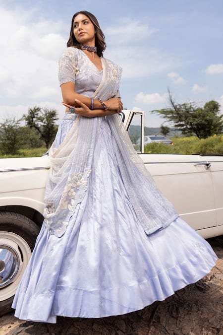 Shop Islie By Priya Jain Blue Tissue, Kota Doria Beads, Sequins, Embroidery Round Embellished Lehenga Set at Aza Fashions Shop_Islie By Priya Jain_Blue Tissue, Kota Doria Beads, Sequins, Embroidery Round Embellished Lehenga Set _at_Aza_Fashions