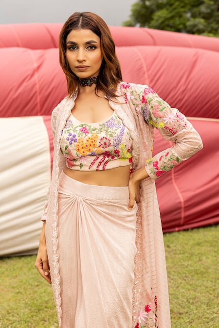 Islie By Priya Jain Pink Organza, Kota Doria, Silk Floral Thread Embroidered Jacket Draped Skirt Set Online at Aza Fashions Islie By Priya Jain_Pink Organza, Kota Doria, Silk Floral Thread Embroidered Jacket Draped Skirt Set _Online_at_Aza_Fashions