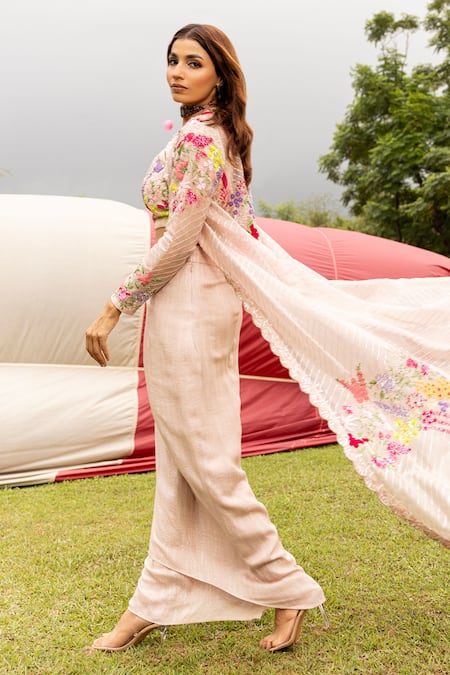 Buy Islie By Priya Jain Pink Organza, Kota Doria, Silk Floral Thread Embroidered Jacket Draped Skirt Set Online at Aza Fashions Buy_Islie By Priya Jain_Pink Organza, Kota Doria, Silk Floral Thread Embroidered Jacket Draped Skirt Set _Online_at_Aza_Fashions