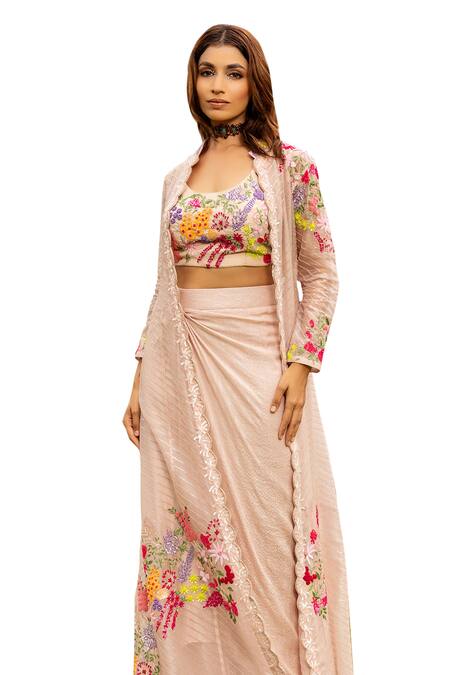Shop Islie By Priya Jain Pink Organza, Kota Doria, Silk Floral Thread Embroidered Jacket Draped Skirt Set Online at Aza Fashions Shop_Islie By Priya Jain_Pink Organza, Kota Doria, Silk Floral Thread Embroidered Jacket Draped Skirt Set _Online_at_Aza_Fashions