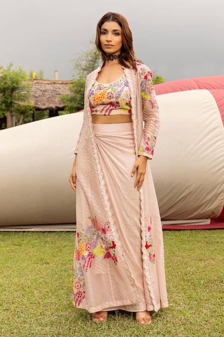 ISLIE BY PRIYA JAIN Floral Thread Embroidered Jacket Draped Skirt Set 