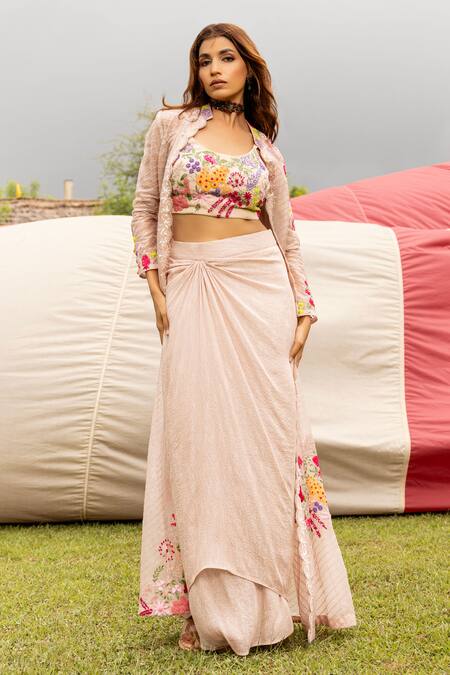Shop Islie By Priya Jain Pink Organza, Kota Doria, Silk Floral Thread Embroidered Jacket Draped Skirt Set at Aza Fashions Shop_Islie By Priya Jain_Pink Organza, Kota Doria, Silk Floral Thread Embroidered Jacket Draped Skirt Set _at_Aza_Fashions