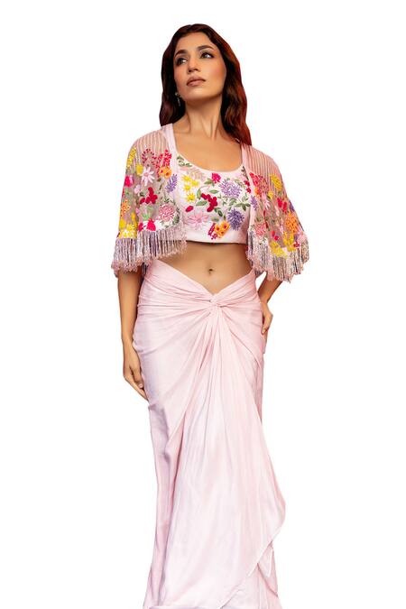 Islie By Priya Jain Pink Organza, Kota Doria, Botanic Embroidered Tasselled Cape Drape Skirt Set Online at Aza Fashions Islie By Priya Jain_Pink Organza, Kota Doria, Botanic Embroidered Tasselled Cape Drape Skirt Set _Online_at_Aza_Fashions