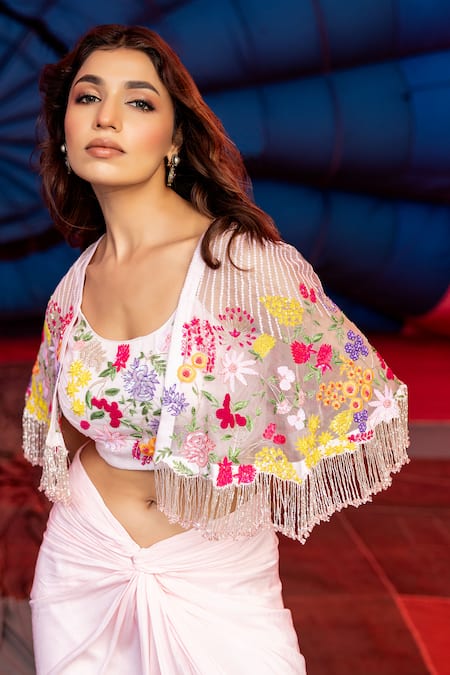 Shop Islie By Priya Jain Pink Organza, Kota Doria, Botanic Embroidered Tasselled Cape Drape Skirt Set at Aza Fashions Shop_Islie By Priya Jain_Pink Organza, Kota Doria, Botanic Embroidered Tasselled Cape Drape Skirt Set _at_Aza_Fashions