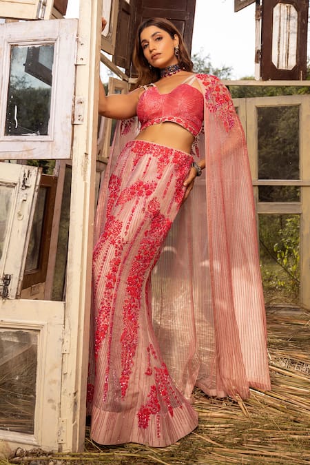 Shop Islie By Priya Jain Beige Organza, Silk Beads, Botanic Vine Embroidered Cape Mermaid Lehenga Set at Aza Fashions Shop_Islie By Priya Jain_Beige Organza, Silk Beads, Botanic Vine Embroidered Cape Mermaid Lehenga Set _at_Aza_Fashions