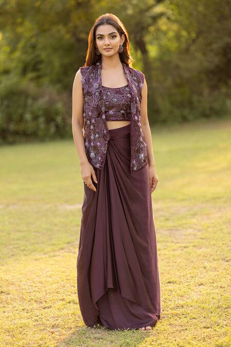 Islie By Priya Jain Brown Organza, Crepe Beads, Sequins Blossom Embroidered Jacket Drape Skirt Set Online at Aza Fashions Islie By Priya Jain_Brown Organza, Crepe Beads, Sequins Blossom Embroidered Jacket Drape Skirt Set _Online_at_Aza_Fashions