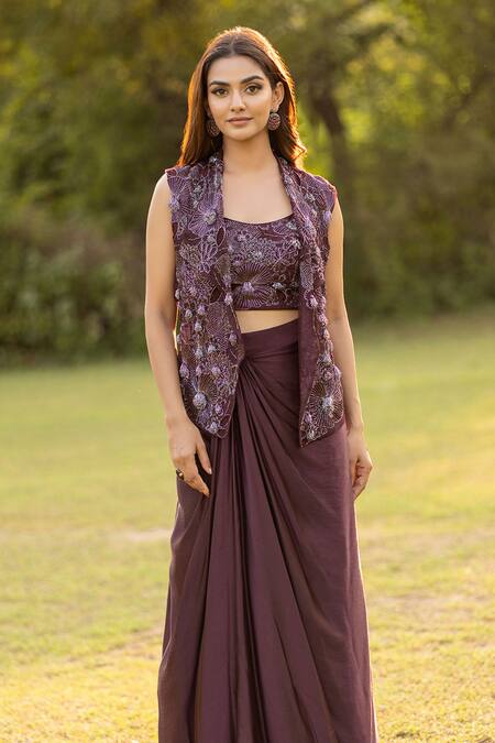 Buy Islie By Priya Jain Brown Organza, Crepe Beads, Sequins Blossom Embroidered Jacket Drape Skirt Set Online at Aza Fashions Buy_Islie By Priya Jain_Brown Organza, Crepe Beads, Sequins Blossom Embroidered Jacket Drape Skirt Set _Online_at_Aza_Fashions