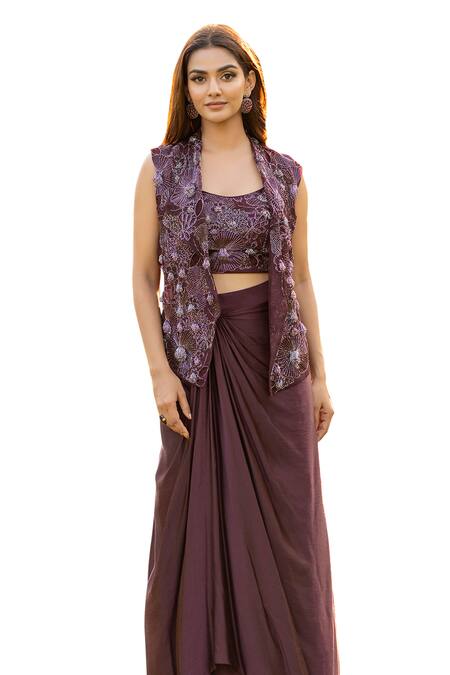 Shop Islie By Priya Jain Brown Organza, Crepe Beads, Sequins Blossom Embroidered Jacket Drape Skirt Set Online at Aza Fashions Shop_Islie By Priya Jain_Brown Organza, Crepe Beads, Sequins Blossom Embroidered Jacket Drape Skirt Set _Online_at_Aza_Fashions
