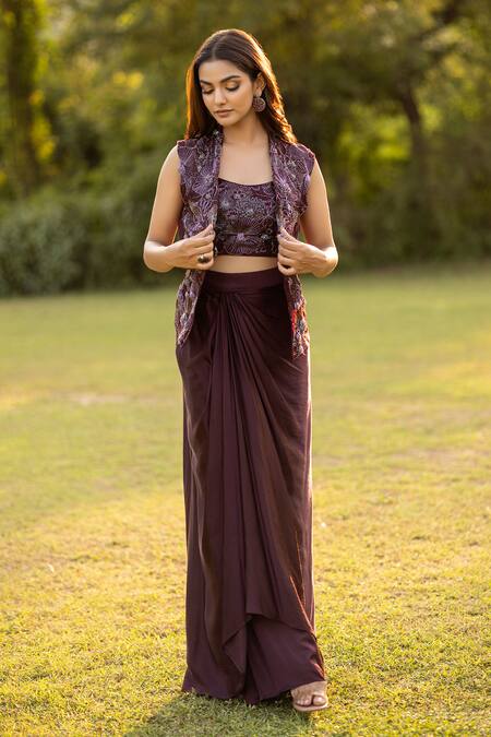 Islie By Priya Jain Brown Organza, Crepe Beads, Sequins Blossom Embroidered Jacket Drape Skirt Set at Aza Fashions Islie By Priya Jain_Brown Organza, Crepe Beads, Sequins Blossom Embroidered Jacket Drape Skirt Set _at_Aza_Fashions