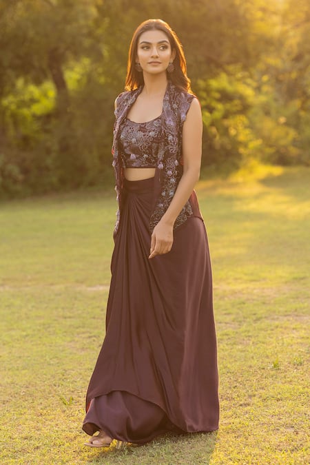 Shop Islie By Priya Jain Brown Organza, Crepe Beads, Sequins Blossom Embroidered Jacket Drape Skirt Set at Aza Fashions Shop_Islie By Priya Jain_Brown Organza, Crepe Beads, Sequins Blossom Embroidered Jacket Drape Skirt Set _at_Aza_Fashions