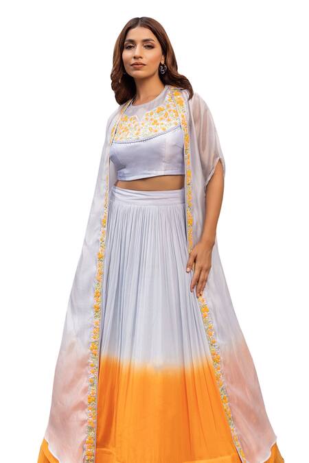 Islie By Priya Jain Blue Kota Doria, Georgette Sequins, Ombre Pleated Lehenga Embroidered Cape Set Online at Aza Fashions Islie By Priya Jain_Blue Kota Doria, Georgette Sequins, Ombre Pleated Lehenga Embroidered Cape Set _Online_at_Aza_Fashions