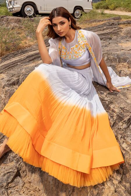 Buy Islie By Priya Jain Blue Kota Doria, Georgette Sequins, Ombre Pleated Lehenga Embroidered Cape Set Online at Aza Fashions Buy_Islie By Priya Jain_Blue Kota Doria, Georgette Sequins, Ombre Pleated Lehenga Embroidered Cape Set _Online_at_Aza_Fashions