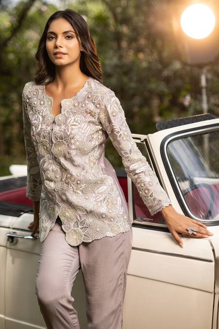 Islie By Priya Jain Grey Kora Silk Embellished French Knots Cutwork Bead Jacket And Pant Set Online at Aza Fashions Islie By Priya Jain_Grey Kora Silk Embellished French Knots Cutwork Bead Jacket And Pant Set _Online_at_Aza_Fashions