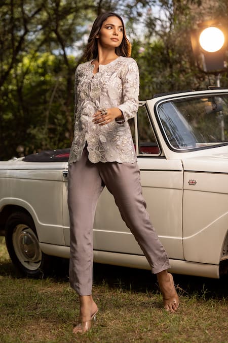 Buy Islie By Priya Jain Grey Kora Silk Embellished French Knots Cutwork Bead Jacket And Pant Set Online at Aza Fashions Buy_Islie By Priya Jain_Grey Kora Silk Embellished French Knots Cutwork Bead Jacket And Pant Set _Online_at_Aza_Fashions