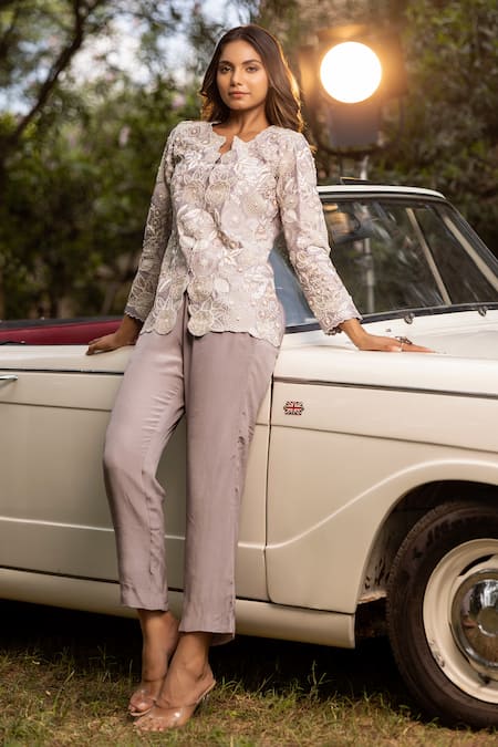 Shop Islie By Priya Jain Grey Kora Silk Embellished French Knots Cutwork Bead Jacket And Pant Set at Aza Fashions Shop_Islie By Priya Jain_Grey Kora Silk Embellished French Knots Cutwork Bead Jacket And Pant Set _at_Aza_Fashions