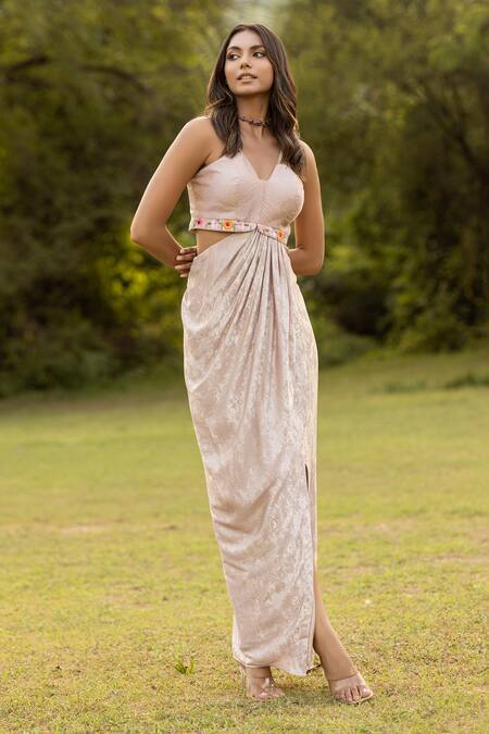 Islie By Priya Jain Ivory Shimmer Embroidery Bead Blunt V Neck Stripe Dress Online at Aza Fashions Islie By Priya Jain_Ivory Shimmer Embroidery Bead Blunt V Neck Stripe Dress _Online_at_Aza_Fashions