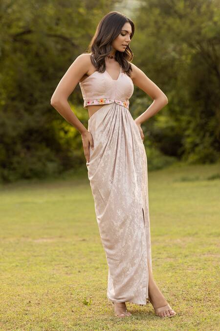 Shop Islie By Priya Jain Ivory Shimmer Embroidery Bead Blunt V Neck Stripe Dress at Aza Fashions Shop_Islie By Priya Jain_Ivory Shimmer Embroidery Bead Blunt V Neck Stripe Dress _at_Aza_Fashions