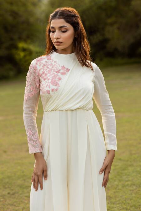 Islie By Priya Jain_Cream Natural Crepe Embroidery Kaliyarn Round High Floral Placement Jumpsuit _Online_at_Aza_Fashions