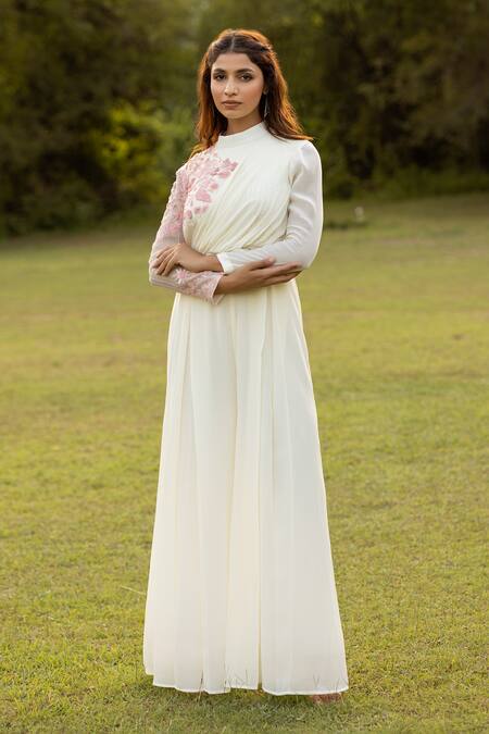 Buy_Islie By Priya Jain_Cream Natural Crepe Embroidery Kaliyarn Round High Floral Placement Jumpsuit _Online_at_Aza_Fashions