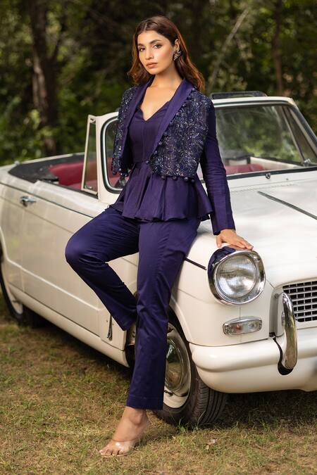 Buy Islie By Priya Jain Purple Russian Silk Embroidery Sequin Shawl Collar Rose Jaali Coat And Pant Set Online at Aza Fashions Buy_Islie By Priya Jain_Purple Russian Silk Embroidery Sequin Shawl Collar Rose Jaali Coat And Pant Set _Online_at_Aza_Fashions