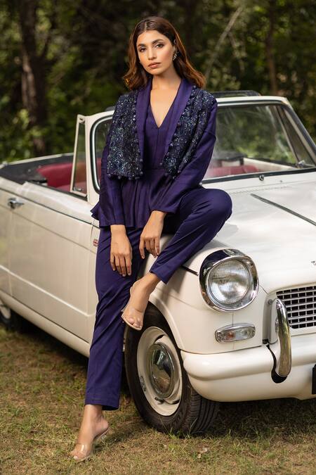 Shop Islie By Priya Jain Purple Russian Silk Embroidery Sequin Shawl Collar Rose Jaali Coat And Pant Set at Aza Fashions Shop_Islie By Priya Jain_Purple Russian Silk Embroidery Sequin Shawl Collar Rose Jaali Coat And Pant Set _at_Aza_Fashions