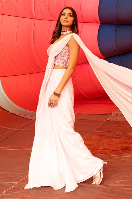 Islie By Priya Jain_Pink Organza, Georgette, Kota Doria Cut Pleated Pre-draped Saree With Bustier _Online_at_Aza_Fashions