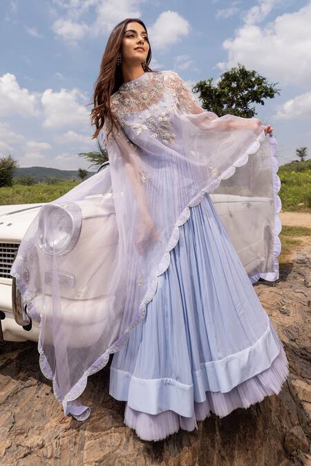 Islie By Priya Jain_Blue Organza, Georgette, Silk Cut Work, Pleated Anarkali With Floral Dupatta _Online_at_Aza_Fashions
