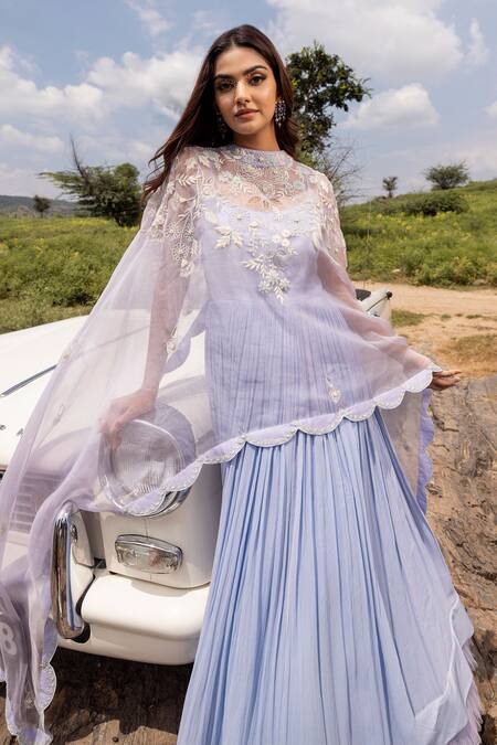 Buy_Islie By Priya Jain_Blue Organza, Georgette, Silk Cut Work, Pleated Anarkali With Floral Dupatta _Online_at_Aza_Fashions