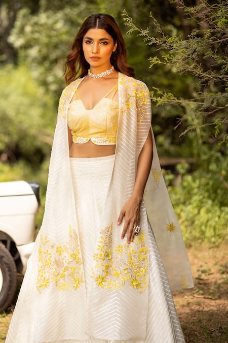 Islie By Priya Jain Chevron Embroidered Cape Lehenga Set 