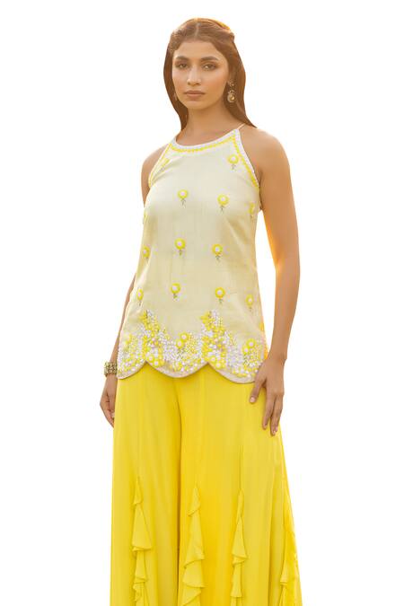 Buy Islie By Priya Jain Yellow Kota Doria, Crepe Cut Work, Embroidery, Floral Kurta And Palazzo Set Online at Aza Fashions Buy_Islie By Priya Jain_Yellow Kota Doria, Crepe Cut Work, Embroidery, Floral Kurta And Palazzo Set _Online_at_Aza_Fashions