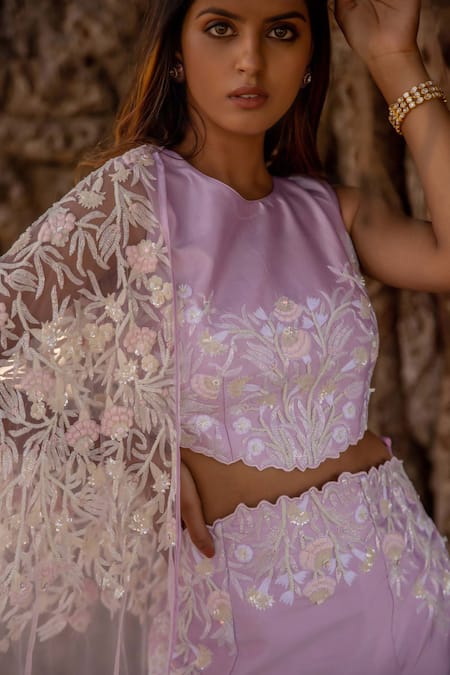 Islie By Priya Jain Cutdana Floral Embroidered Skirt Set With Cape 