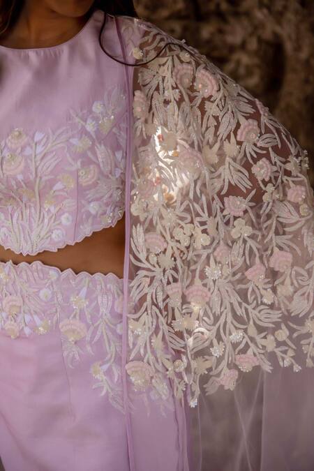 Islie By Priya Jain_Purple Silk, Net, Kota Doria Embroidery, Cut Cutdana Floral Skirt Set With Cape _Online_at_Aza_Fashions