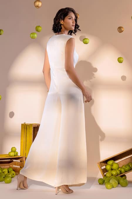 Shop_Amrood_Off White Satin Open Neck Solid Front Tie Up Jumpsuit _at_Aza_Fashions