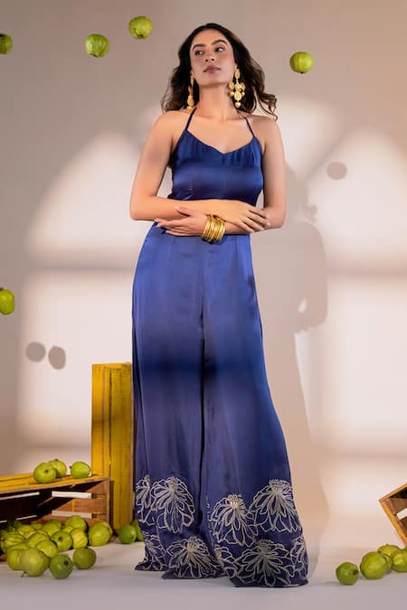 Buy_Amrood_Purple Satin Embroidery Halter Neck Bloom Jumpsuit _Online_at_Aza_Fashions