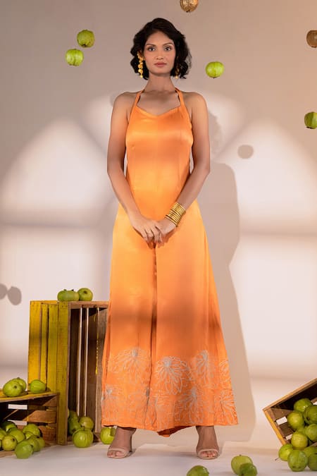 Amrood Orange Satin Embroidery Blossom Halter Neck Jumpsuit 